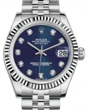 Rolex Datejust 31MM Lady Midsize White Gold/Steel Blue Diamond Dial & Fluted Bezel Jubilee Bracelet 178274 - NEW