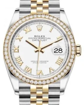 Rolex Datejust 36 Yellow Gold/Steel White Roman Dial & Diamond Bezel Jubilee Bracelet 126283RBR