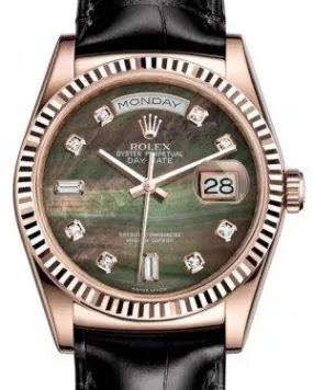 Rolex Day-Date 36 Rose Gold Black Mother of Pearl Diamond Dial & Fluted Bezel Black Leather Strap 118135