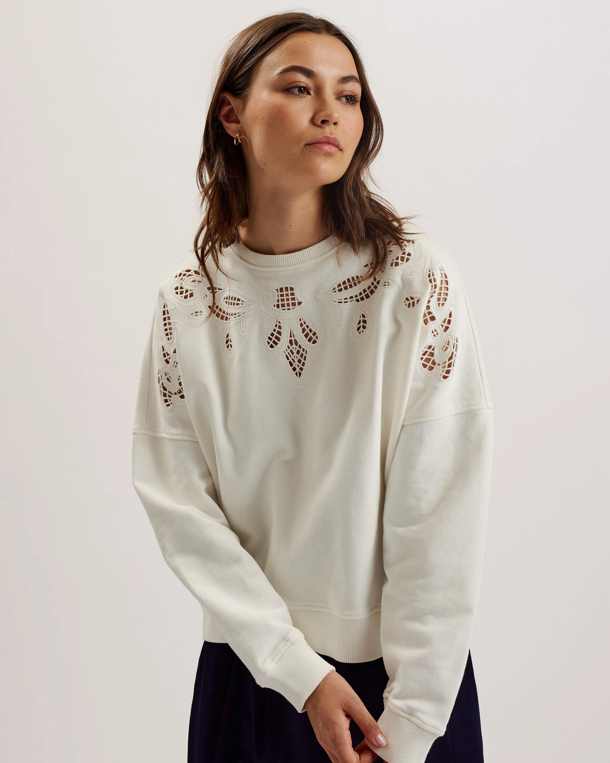 Rondha Embroidered Cut Out Sweatshirt Ivory