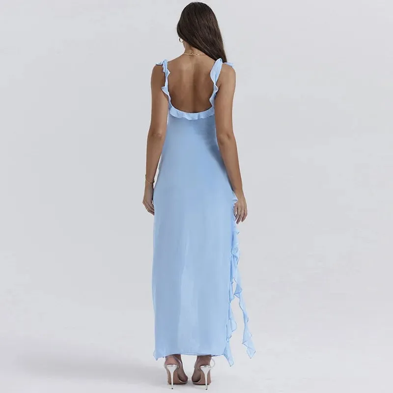 Ruffled Elegance Bodycon Ruched Maxi Dress