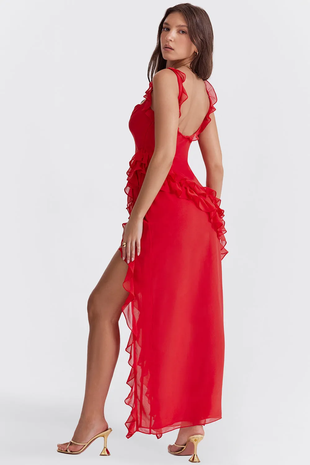 Ruffled Elegance Bodycon Ruched Maxi Dress