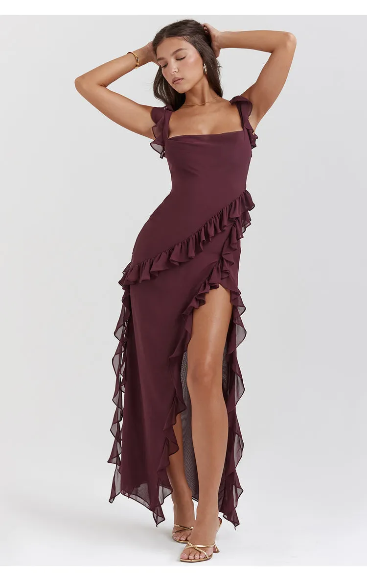 Ruffled Elegance Bodycon Ruched Maxi Dress