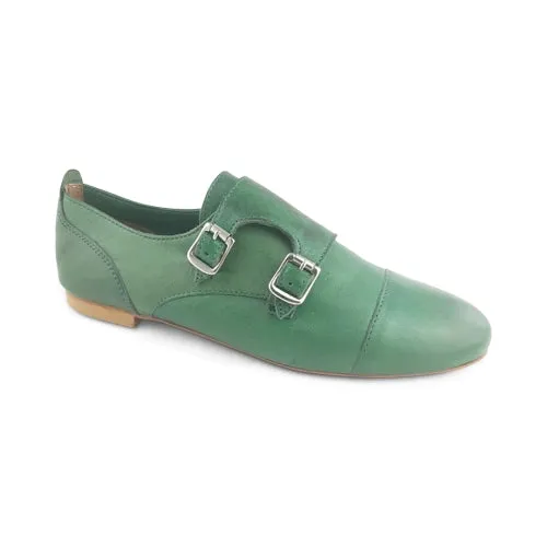 Scarpe doppia fibbia verdi in pelle