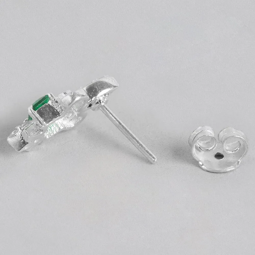 Silver Fleur De Lis Green Earring