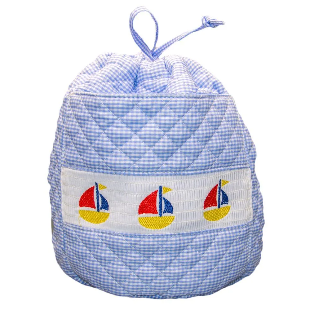 Smocked Blue Sailboat Ditty Bag