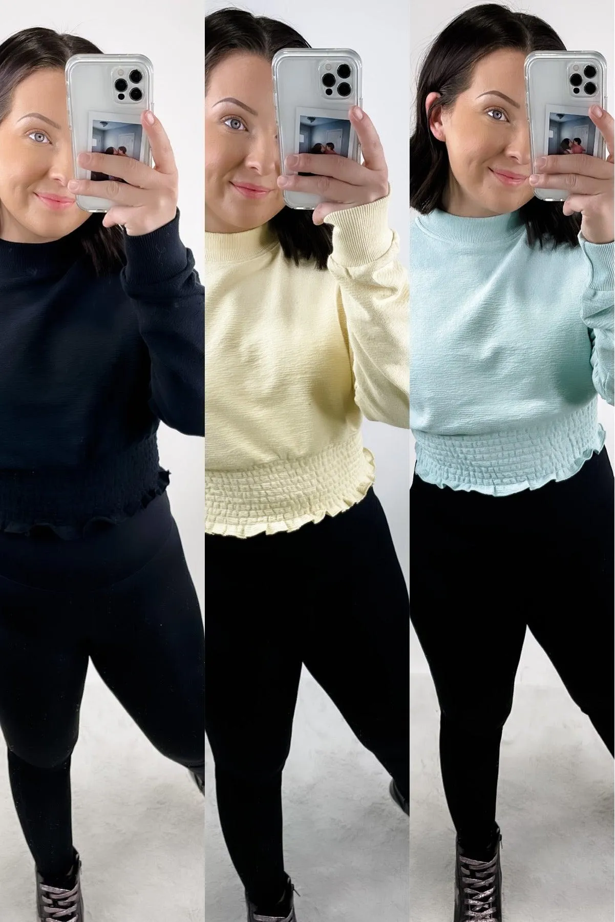 Step Up Your Game- {Lt. Blue, Black, Lt. Yellow} Cropped Pullover w/ Smocked Waist