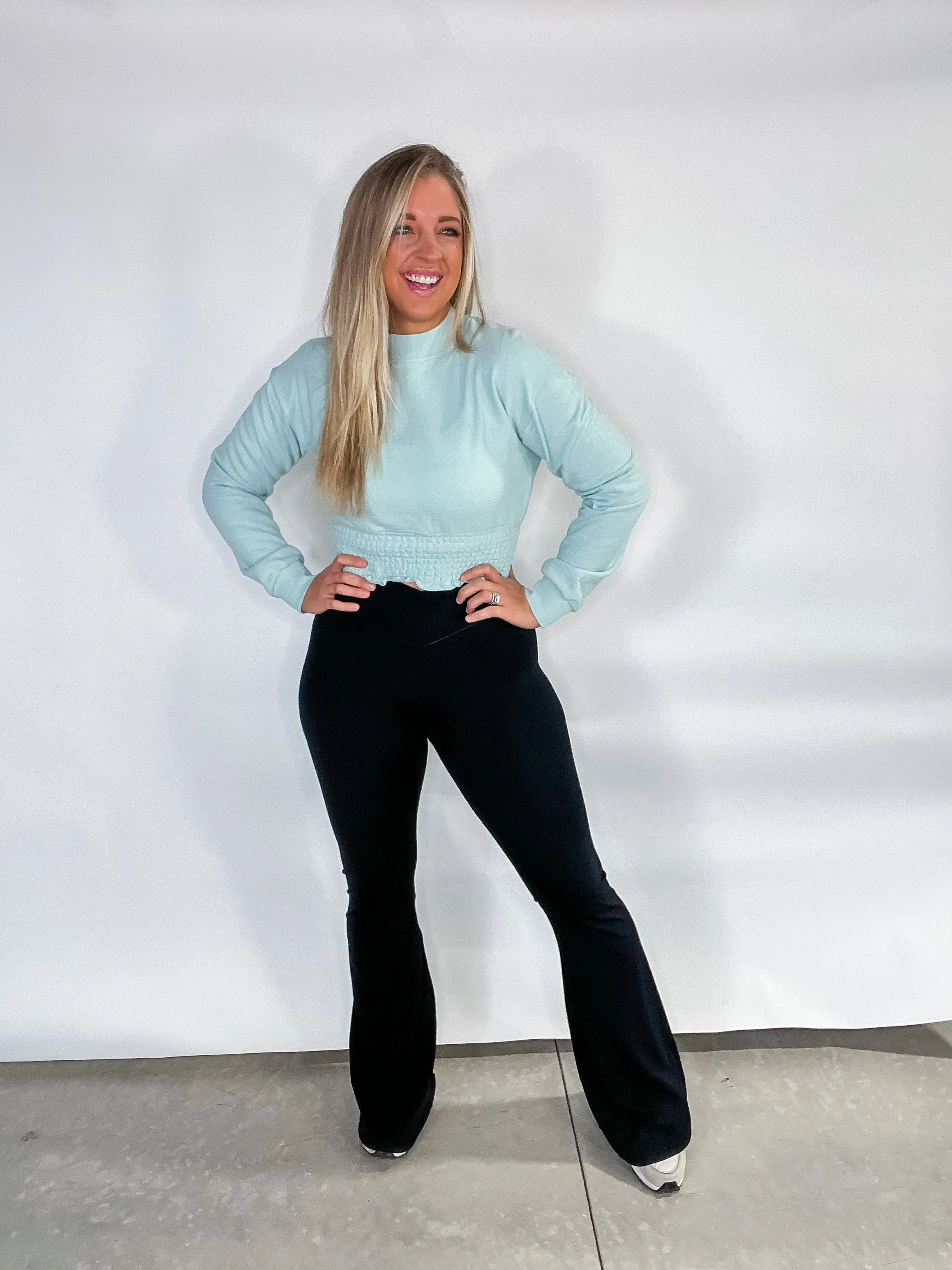 Step Up Your Game- {Lt. Blue, Black, Lt. Yellow} Cropped Pullover w/ Smocked Waist