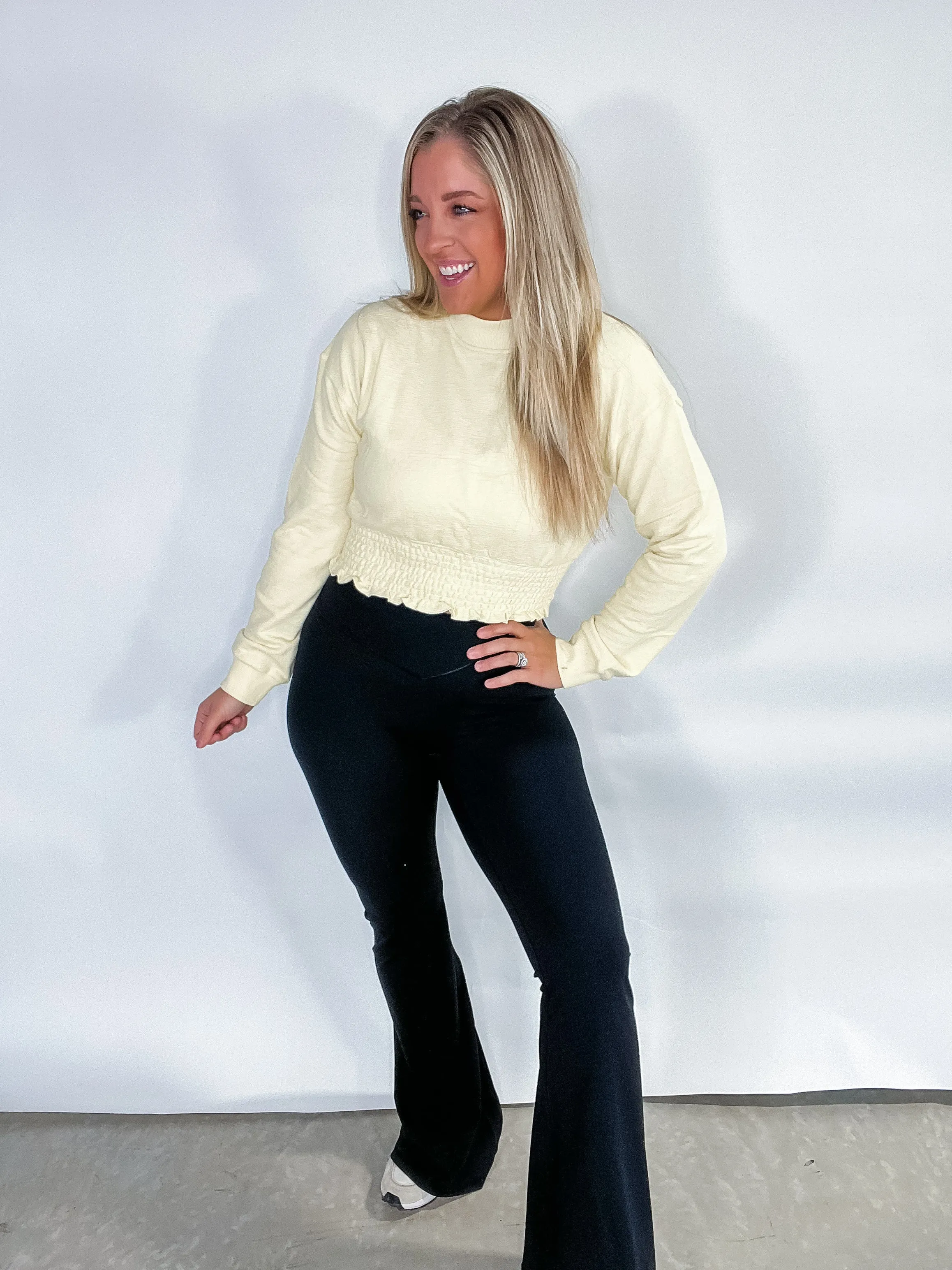 Step Up Your Game- {Lt. Blue, Black, Lt. Yellow} Cropped Pullover w/ Smocked Waist