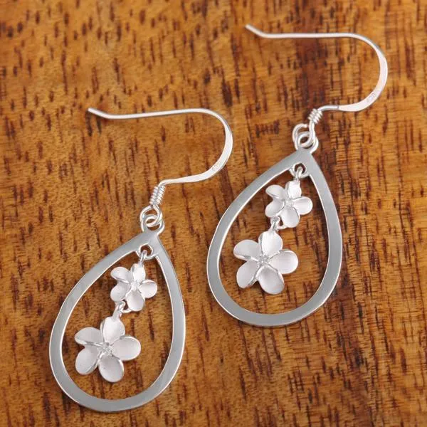 Sterling Silver 6-8mm Plumeria with CZ in Drop Hook Earrings