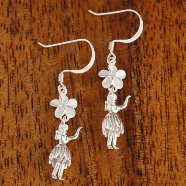 Sterling Silver 8mm Plumeria with CZ and Hula Dancer Hook Earrings