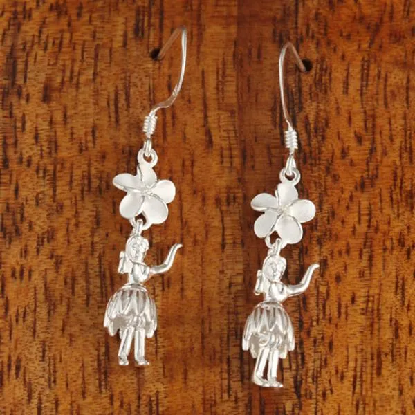 Sterling Silver 8mm Plumeria with CZ and Hula Dancer Hook Earrings