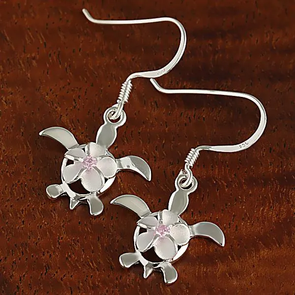 Sterling Silver 8mm Plumeria with Pink CZ on Honu (Hawaiian Turtle) Hook Earrings