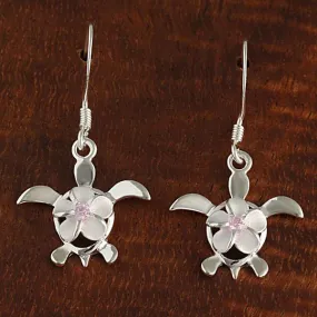 Sterling Silver 8mm Plumeria with Pink CZ on Honu (Hawaiian Turtle) Hook Earrings