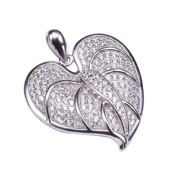 Sterling Silver Anthurium Leaf Pave CZ Pendant (Chain Sold Separately)