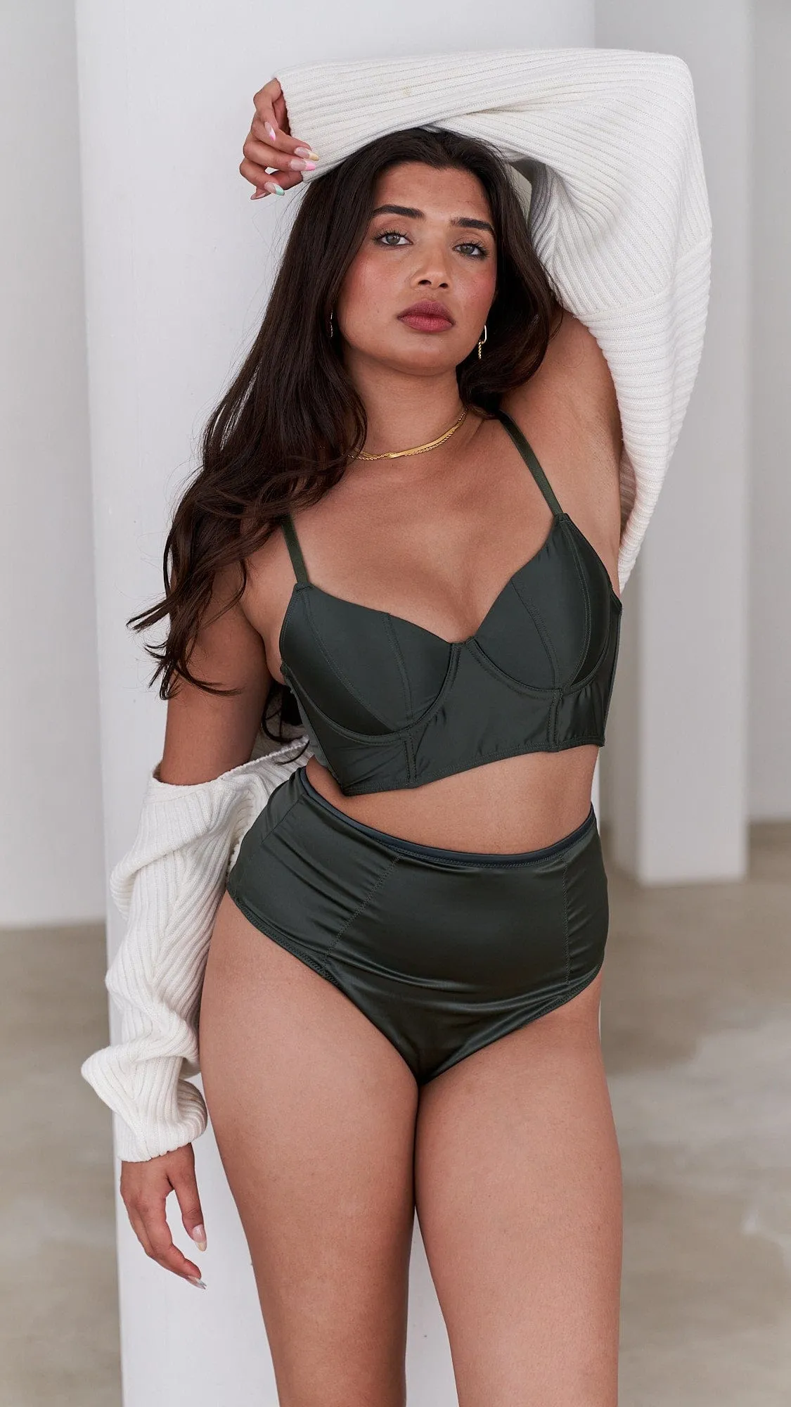 Taylor Bra - Longline Satin Bra Forest Green