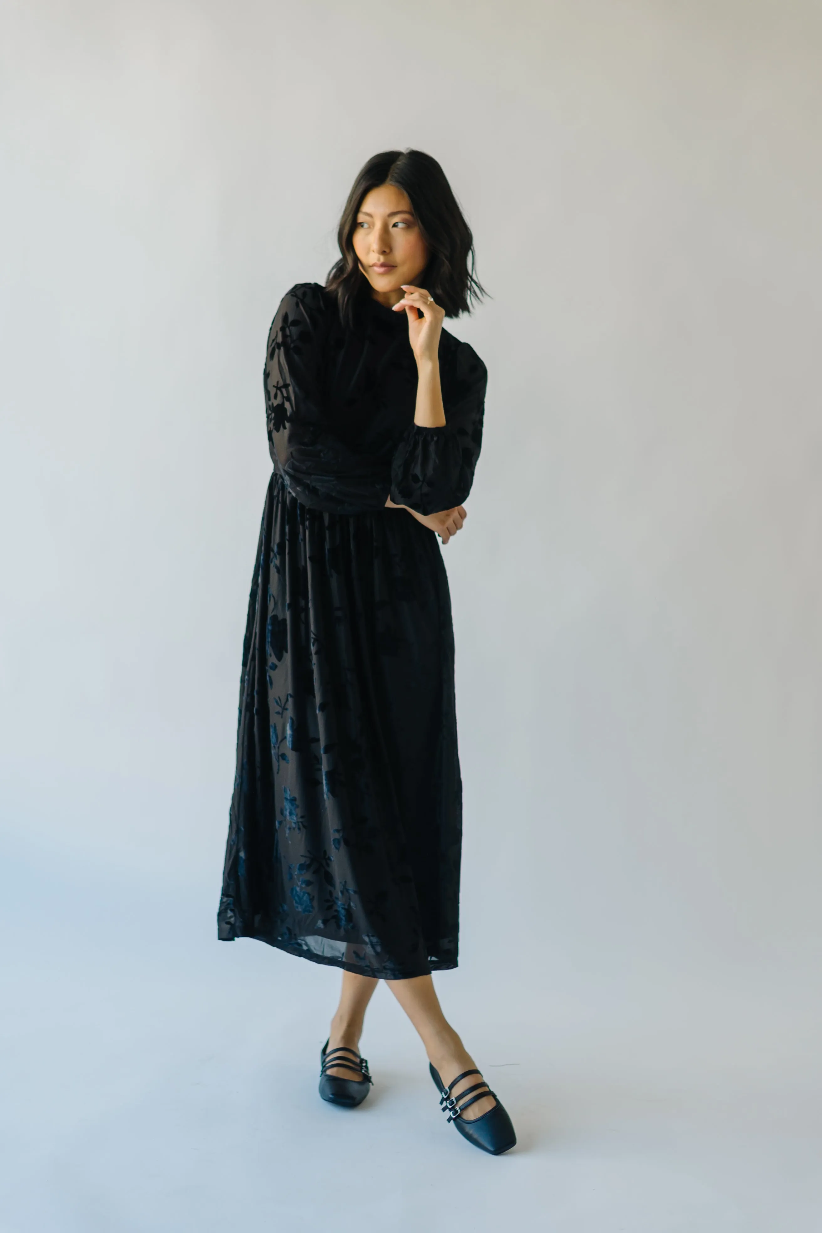 The Hurst Burnout Velvet Midi Dress in Black