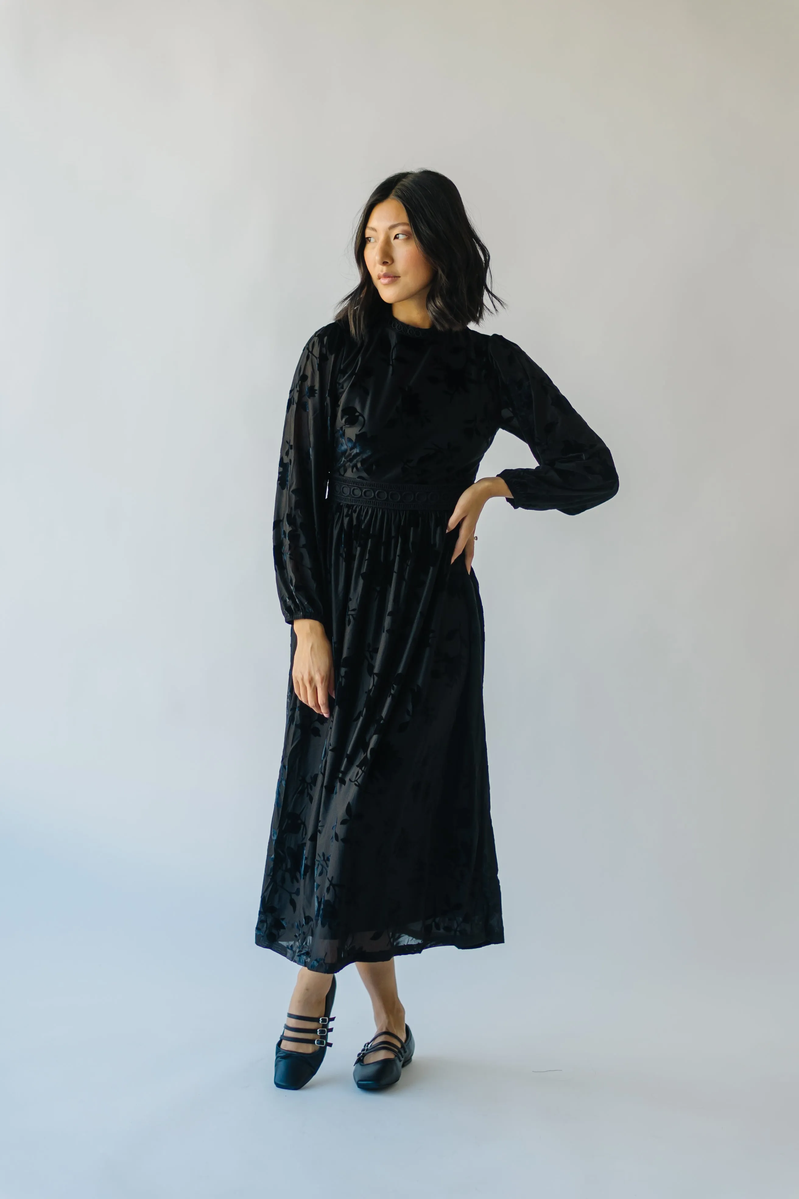 The Hurst Burnout Velvet Midi Dress in Black