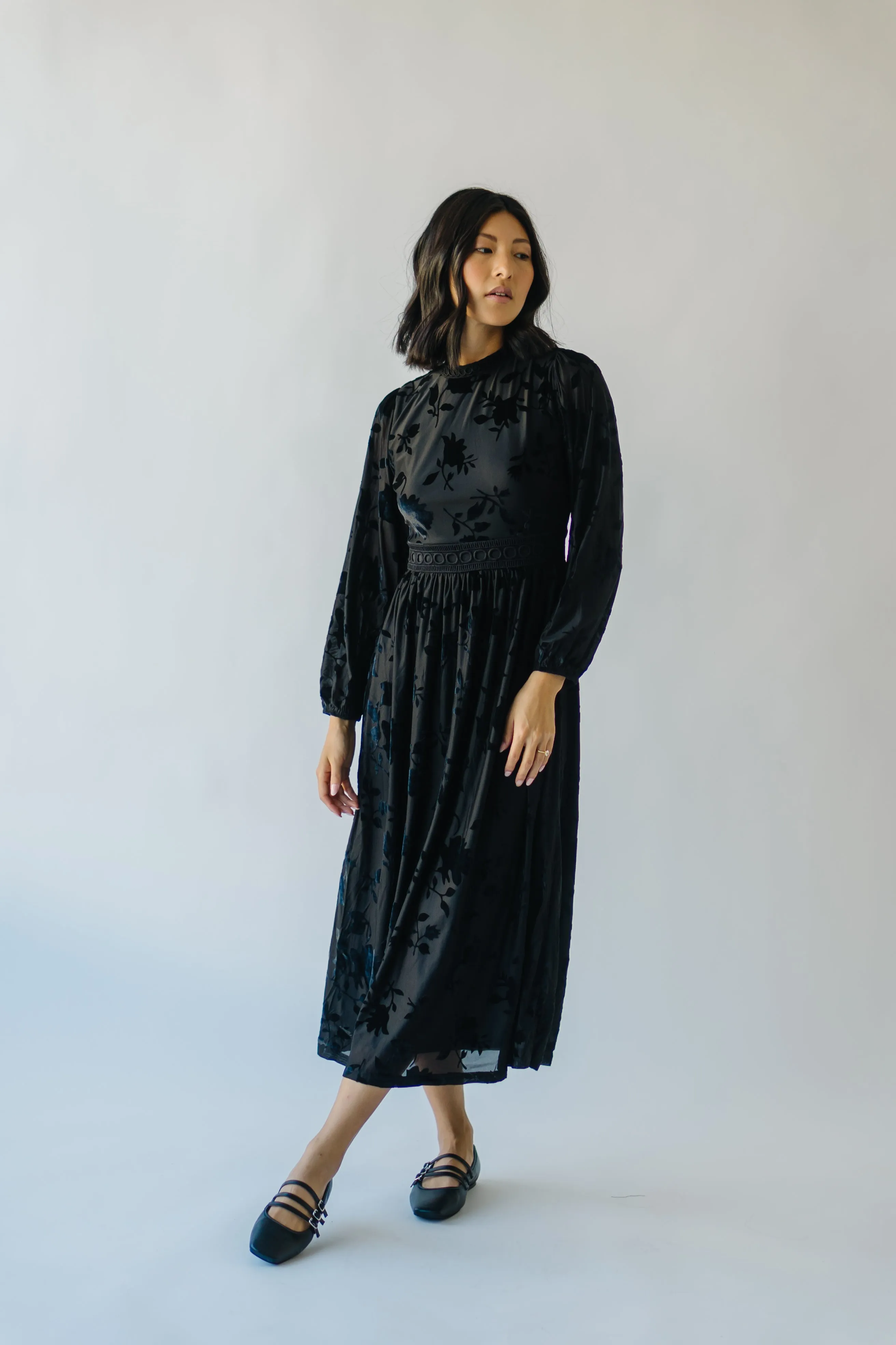 The Hurst Burnout Velvet Midi Dress in Black