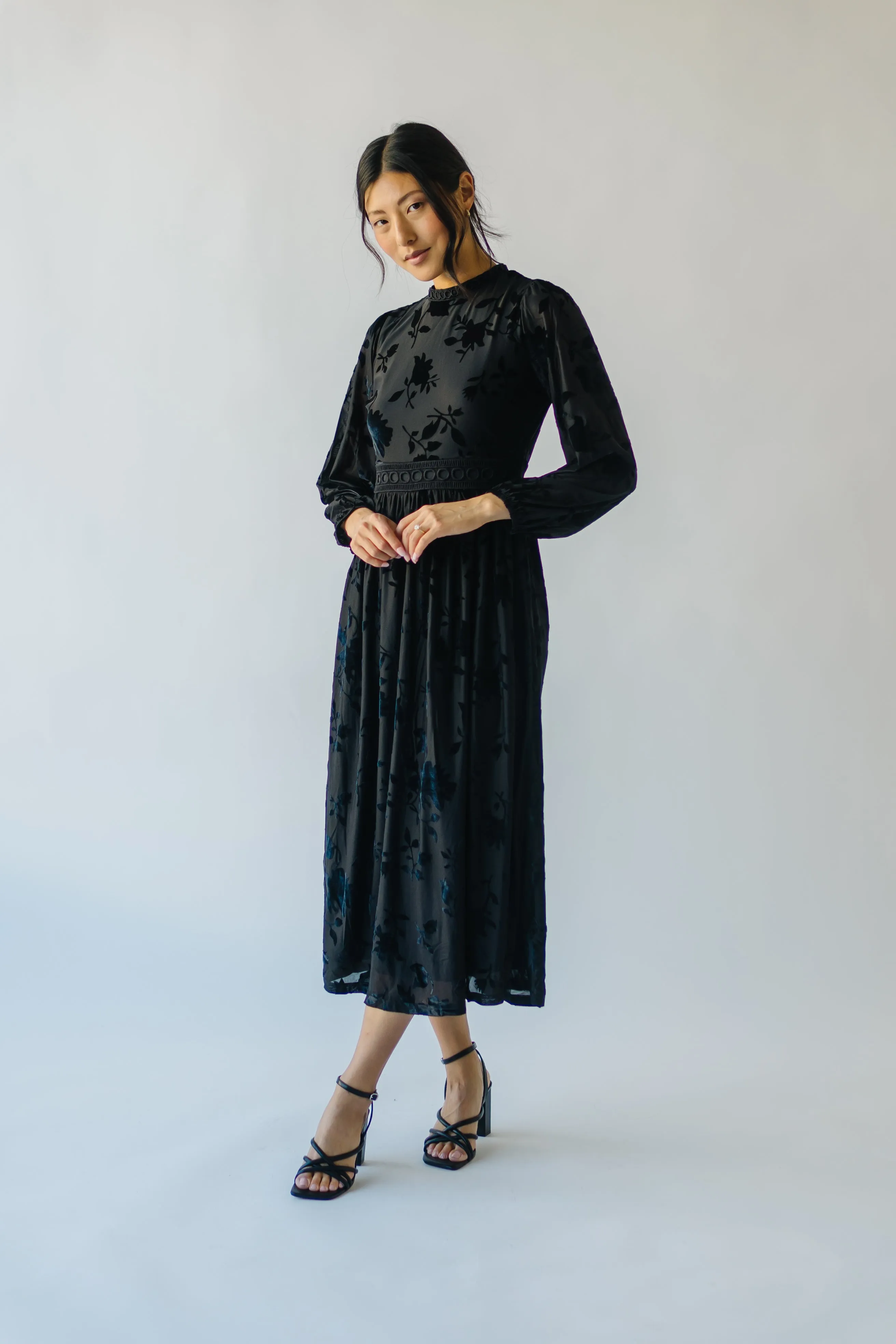 The Hurst Burnout Velvet Midi Dress in Black