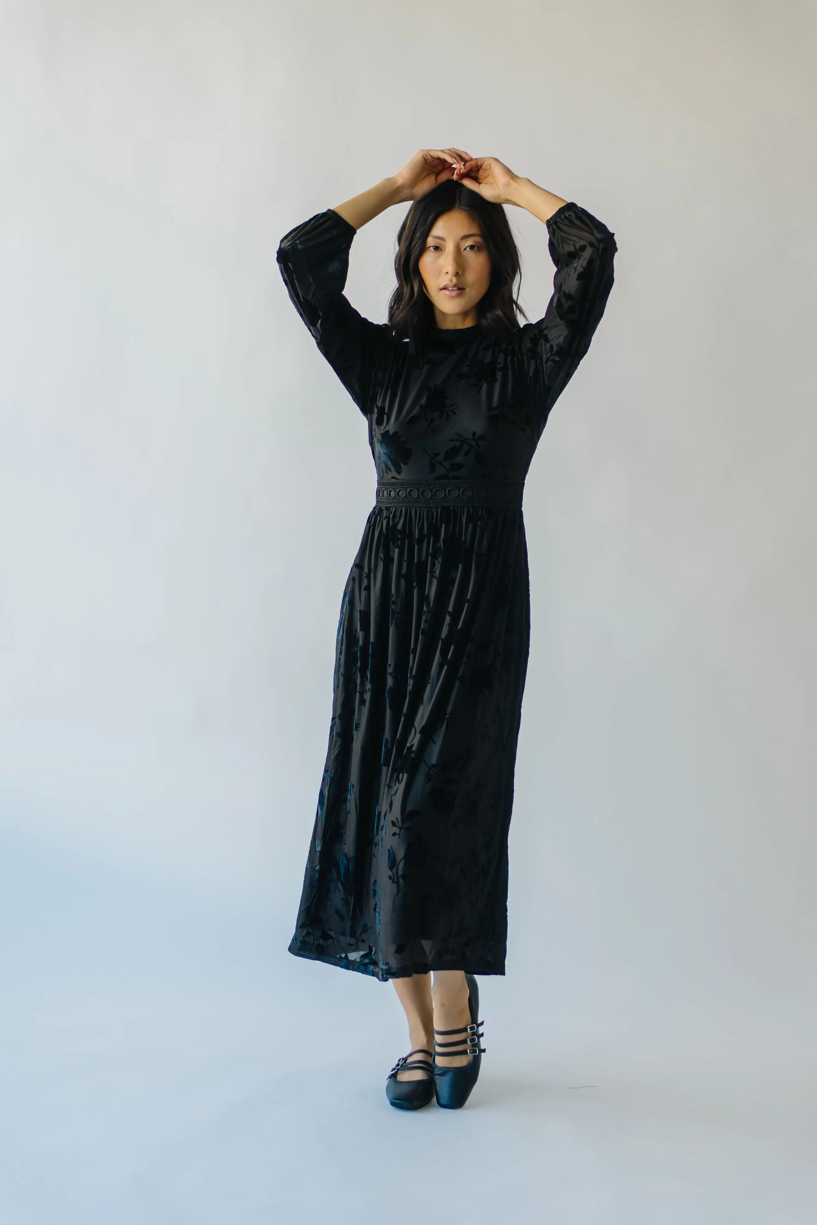 The Hurst Burnout Velvet Midi Dress in Black