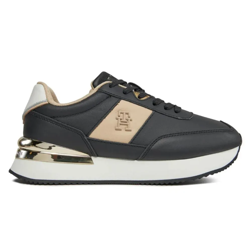 Tommy Hilfiger Elevated Metallic Heel Leather Runner Trainers Women - BLK