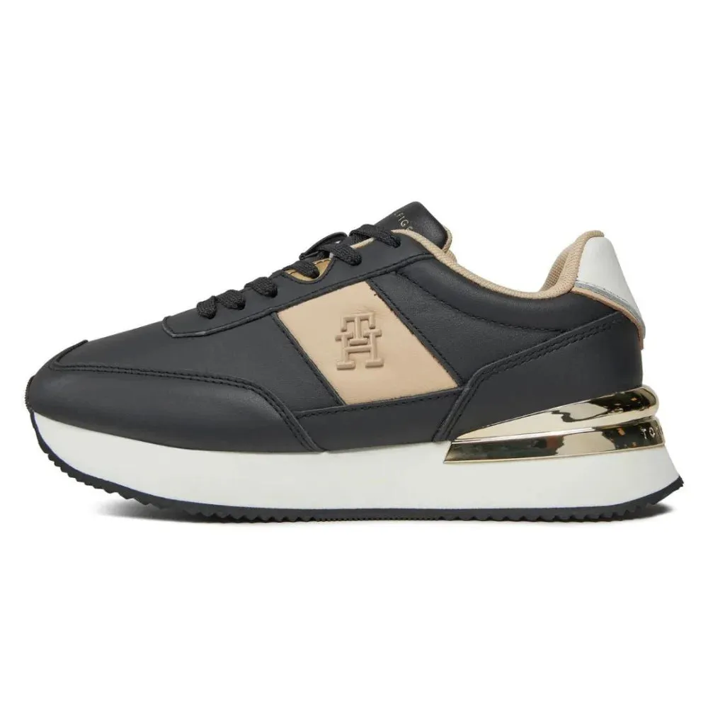 Tommy Hilfiger Elevated Metallic Heel Leather Runner Trainers Women - BLK